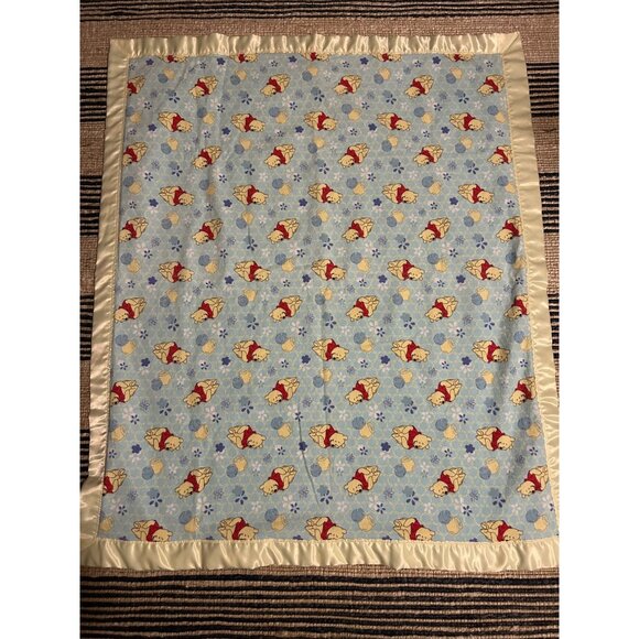 Vintage Winnie The Pooh Baby Blanket Satin Trim Blue and Yellow/Green - Picture 3 of 4